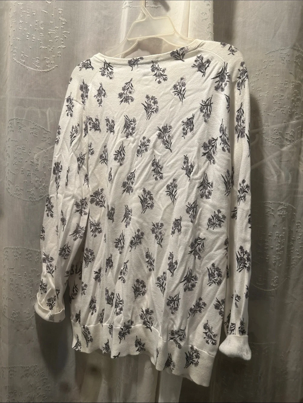 Lands' End White Cardigan with Gray Floral Print